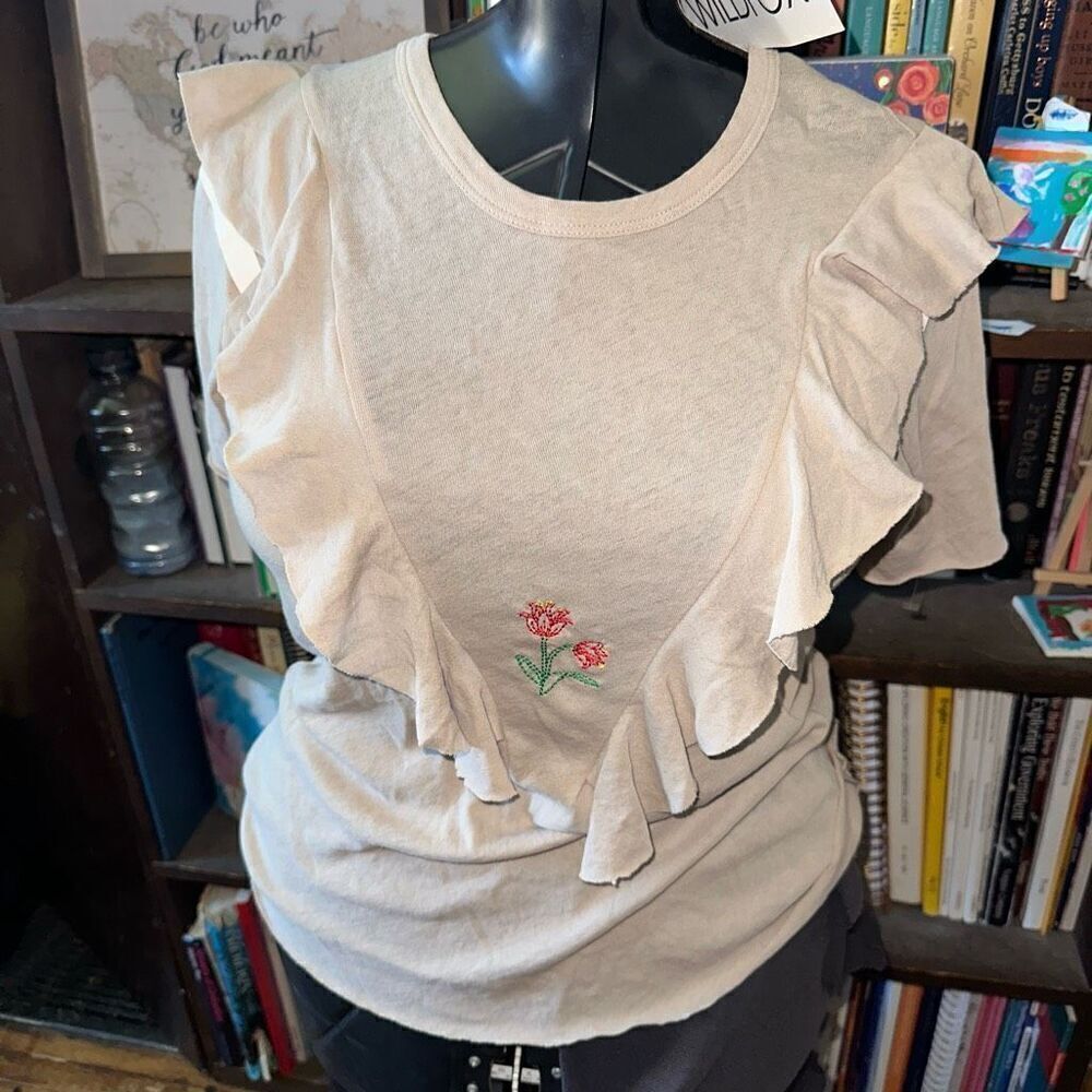 Wildfox embroidered tulips Lucienne cotton tan 80’s tee